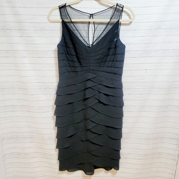 ADRIANNA PAPELL BLACK BANDED BODYCON DRESS, W MESH NECK DETAIL, sz 8 - Picture 1 of 8